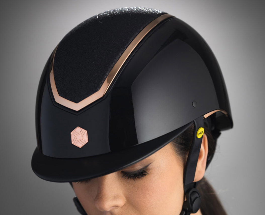 Charles Owen EqX Kylo Black/Rose Gold Sparkly Wide Peak Helmet - Gee Gee Equine